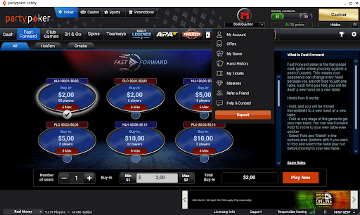 PartyPoker environment showing the dropdown menu with the 